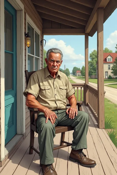 drawn in the form of a colored drawing, a grumpy 60 year old man is sitting in a chair on the porch of his house