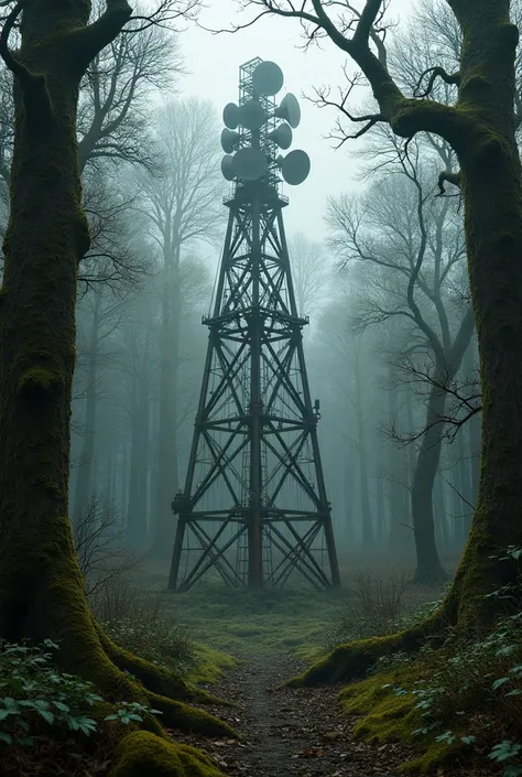 A radio antenna, dated from the cold war, in the middle of a forest, with a disturbing atmosphere 