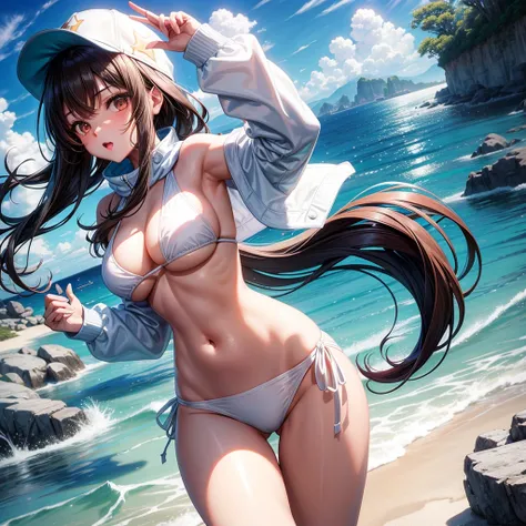 long dark hair / big tits / brown eyes /  score_9, score_8_up, score_7_up, source_anime BREAK 1girl, solo, looking at viewer, cowboy shot,  detailed background,  Heroine X, stomach, navel, white bikini, white panties, side-tie bikini bottom, blue shrug (cl...