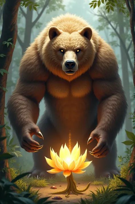 Create an image of a warrior bear guarding a luminous flower 