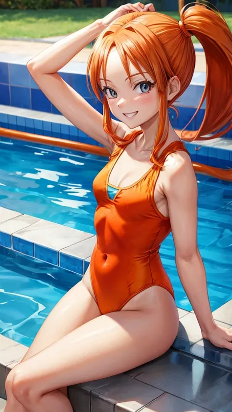 Jessica Albert (Dragon Quest), Jessica Albert, 1 woman, orange leotard swimsuit with v neck, short pigtails, orange hair showing on forehead, beautiful, masterpiece, best quality, smiling face, looks in the eye of the beholder, poolside Standing pose