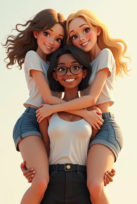 Create an image of a real 2 young woman, with light white skin, blonde hair long, slim and curvy body wearing a white top and short denim shorts being carried on the shoulders of a 1 real young woman, very thin, black and dark skinned, with short hair, wea...