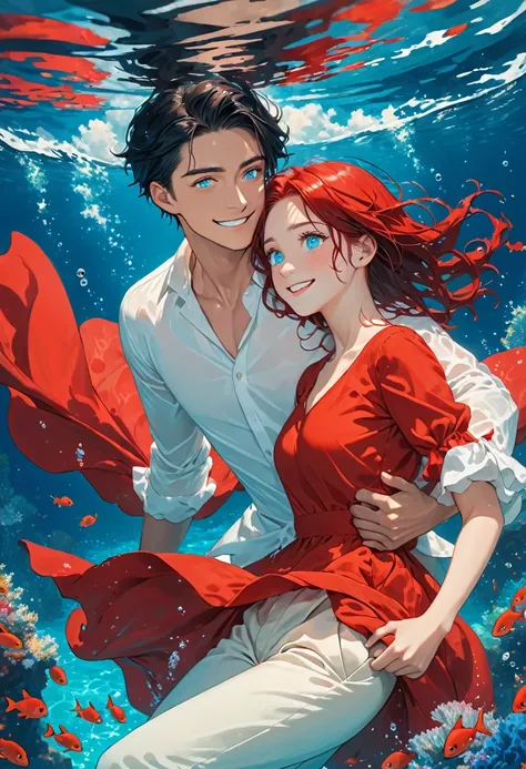 A young man with blue eyes and black hair is drowning in the depths of the sea wearing a white shirt and cream pants and in front of him is a girl wearing a red dress with smiling eyes and red hair drowning in the depths of the sea