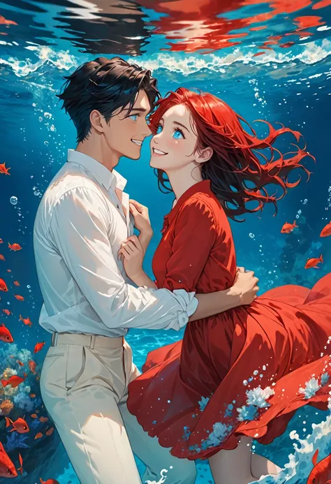 A young man with blue eyes and black hair is drowning in the depths of the sea wearing a white shirt and cream pants and in front of him is a girl wearing a red dress with smiling eyes and red hair drowning in the depths of the sea