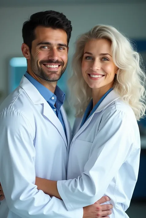 A young couple of doctors, a white male doctor, Bblack hair, blue colored eyes. A female doctor, white, curly hair, eyes browns  
