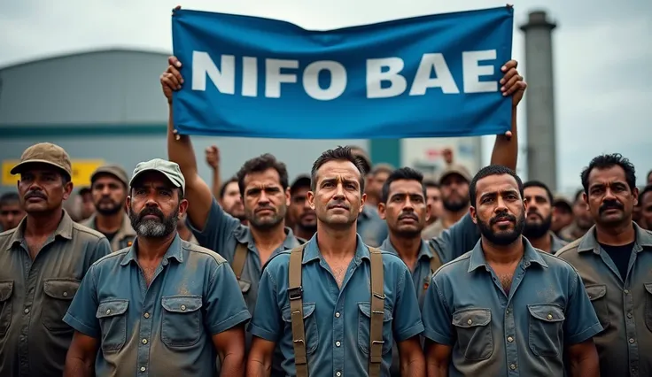 A high-definition Canon DSLR photo of a large group of Brazilian metalworkers, men and women, standing united in front of a modern factory. Their skin and uniforms are marked with dirt, and they hold a large blue banner with white text that reads "Campanha...