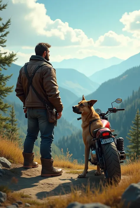 Me, a burly guy and my dog looking at the horizon and nature with my motorcycle on the side 