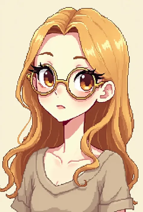 create a game-style pixel drawing of a white-skinned female character, long straight blonde hair with curly ends, light gold hexagonal glasses, brown dark eyes 