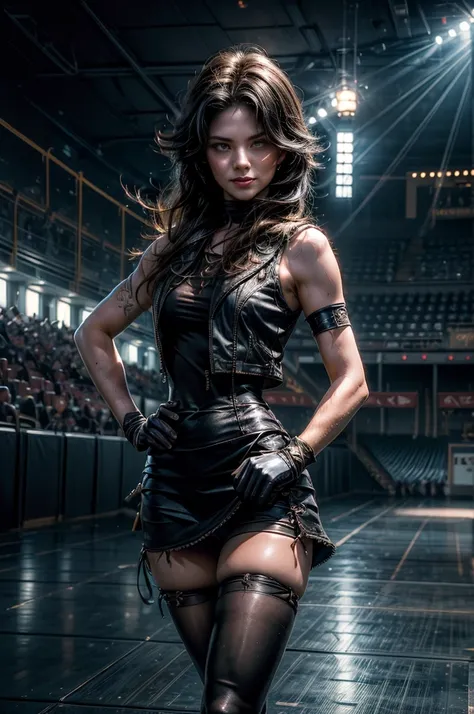 (masterpiece, best quality:1.2), cowboy shot, solo, 1girl, cinder fall, evil smile, looking at viewer, long hair, t-shirt, white skirt, sleeveless jacket, elbow gloves, pantyhose, standing inside huge gothic sport stadium, spectators, crowd (volumetric lig...