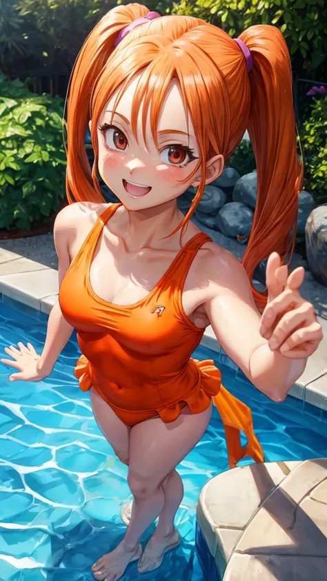 Jessica Albert (Dragon Quest), Jessica Albert, 1 woman, orange Racing swimsuit with v neck, short pigtails, orange hair showing on forehead, beautiful, masterpiece, best quality, smiling face, looks in the eye of the beholder, poolside Standing pose