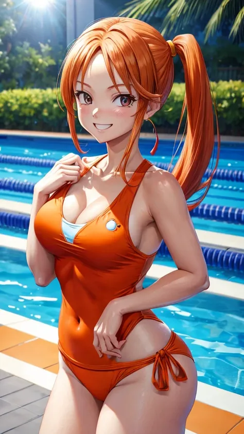 Jessica Albert (Dragon Quest), Jessica Albert, 1 woman, orange Racing swimsuit with v neck, short pigtails, orange hair showing on forehead, beautiful, masterpiece, best quality, smiling face, looks in the eye of the beholder, poolside Standing pose