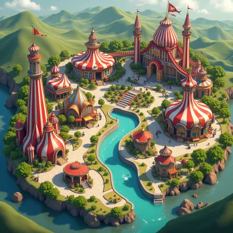 Create a slightly 3D-inspired site plan of an amusement park