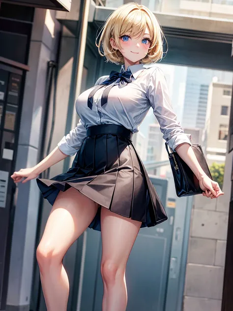 Anime style, super fine illustration, highly detailed, beautiful detailed, super pale tone image, happy expression, Lively expression, super pretty image, 8k, pretty 1girl with blonde straight short hair & blue eyes & a bright smile & full bust & soft fair...