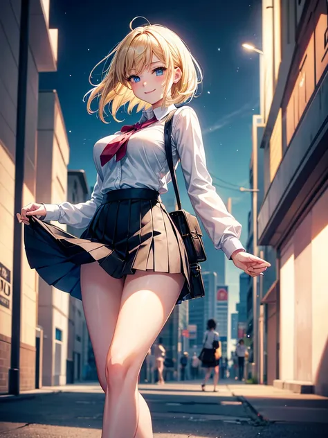 Anime style, super fine illustration, highly detailed, beautiful detailed, super pale tone image, happy expression, Lively expression, super pretty image, 8k, pretty 1girl with blonde straight short hair & blue eyes & a bright smile & full bust & soft fair...