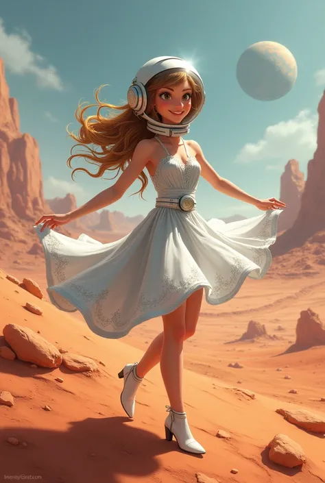 S lovely and funny spacewoman on mars with silver dexy dress