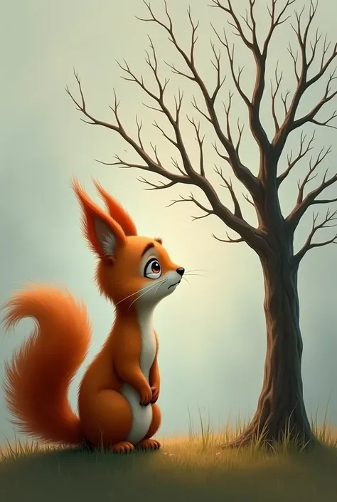 An orange male squirrel shedding tears while looking at a leafless tree standing on the grass 

