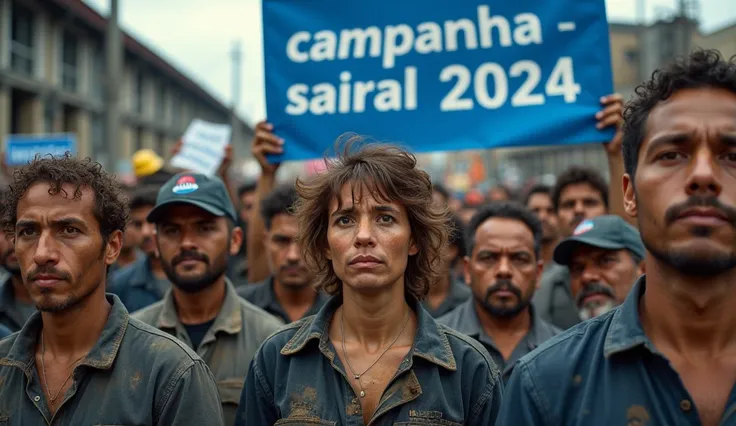 A vivid Canon DSLR photograph of a large crowd of Brazilian metalworkers, both men and women, standing united before a modern factory. Their skin and uniforms are visibly dirty, and they hold an extensive blue banner with "Campanha Salarial 2024" in white ...