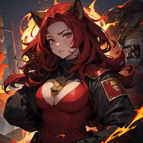 (masterpiece), best quality, expressive eyes, perfect face, aries, werebeast, hot, protector, solider, female, red hair,, guard, anime, beastial, anime, headshot, no human ears, fire, hairy bearded, warrior, massive lion mane, long and massive hair, sharp ...