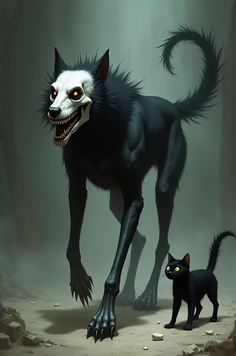 A dog in a demonic form. She has four paws and two clawed hands. There is a skull instead of a head. A long neck and a long bushy tail. Next to the dog is a small demon in the form of a black cat