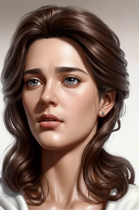 Jesus, brown eyes, looking up, slim, big hair, dressed in white robe, super realistic art style, by László Balogh, inspired by Mort Künstler, Very realistic, realistic illustration style, film scene portrait close-up, very Very realistic, Very realistic ef...