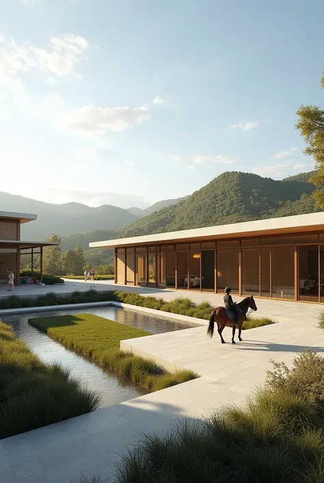 Create an equine therapy centre for people with disabilities with the style and characteristics of Craig Ellewood&#39;s architectural works from a more distant and wider view 