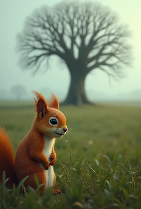 An orange male squirrel shedding tears while looking at a large leafless tree standing on the grass 

