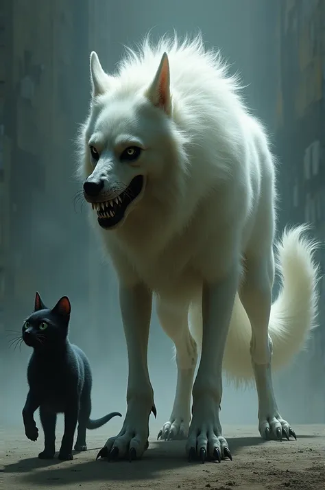 A dog in a demonic form. She has four paws and two clawed hands. There is a skull instead of a head. Long white fur and a long bushy tail. Next to the dog is a small demon in the form of a black cat