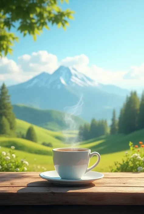 Make a cup of coffee on a table in front of you. To a landscape 