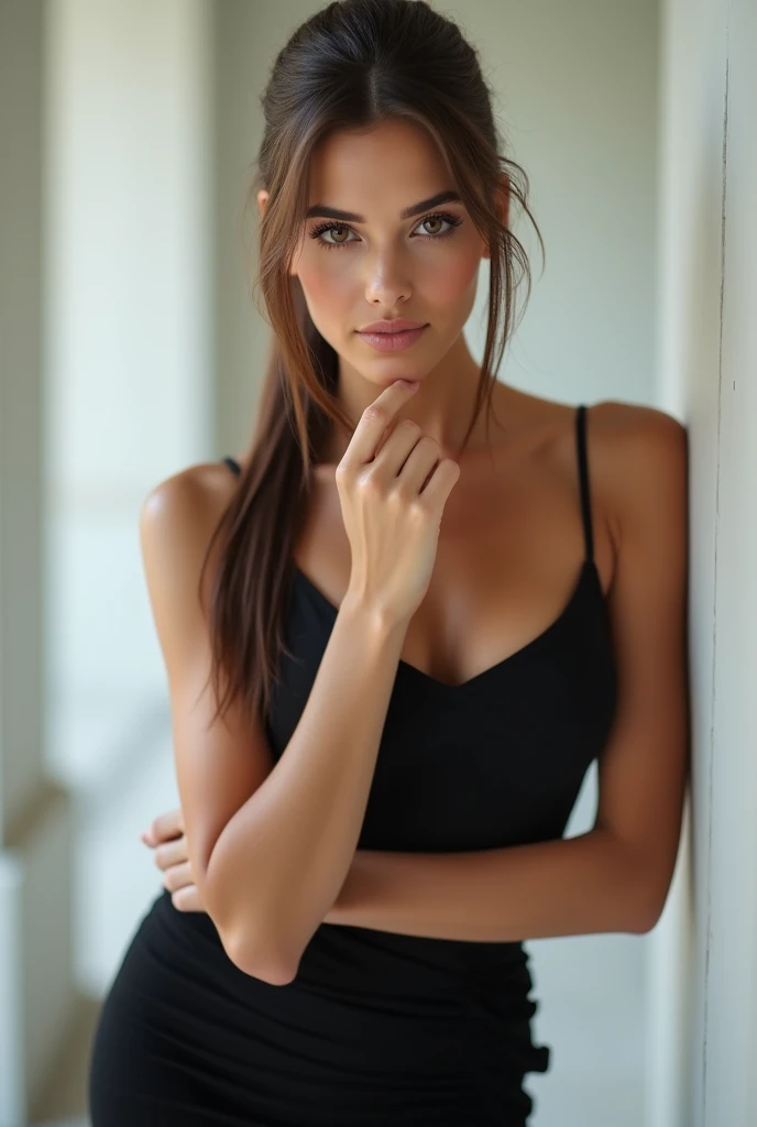 A very realistic and detailed photo of beautiful  italian woman, black skirt , perfect makeup, long straight ponytail, brown hair, high quality photo 4k, very detailed, perfect fit, looking at the camera, detailed realistic face, detailed brown eyes, confi...