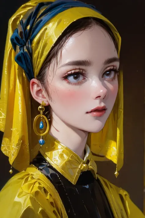 (oil painting, in Rembrandt style:1.1), (medieval portrait:1.2), oil painting with brushstrokes, masterpiece, best quality, detailed, portrait, A girl with a pearl earring, solo, three-quarter face, black eyes, lips, makeup, slightly open lips, Pearl earri...