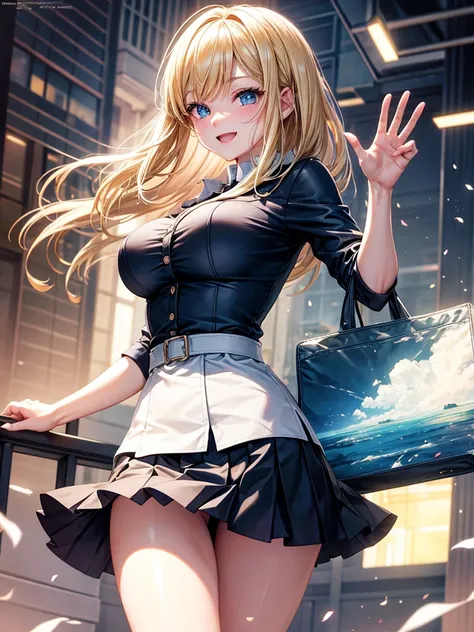 Anime style, super fine illustration, highly detailed, beautiful detailed, super pale tone image, happy expression, Lively expression, super pretty image, 8k, pretty 1girl with blonde straight short hair & blue eyes & a bright smile & full bust & soft fair...