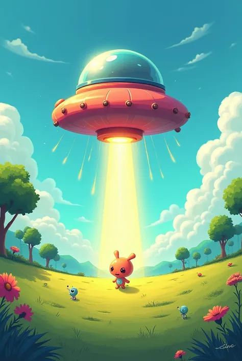 An alien spaceship in a cartoon abducting something in an open field