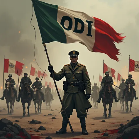 Soldier holding flag with ODI in capital letters, in a war atmosphere with gloomy soldiers from the First World War behind, horses with flags of Hispanic countries and weapons, blood and explosions