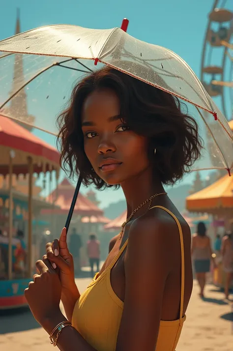 Woman with short brown hair, Dark-skinned woman with a transparent umbrella in her hand and a fairground with mechanical games in the background 