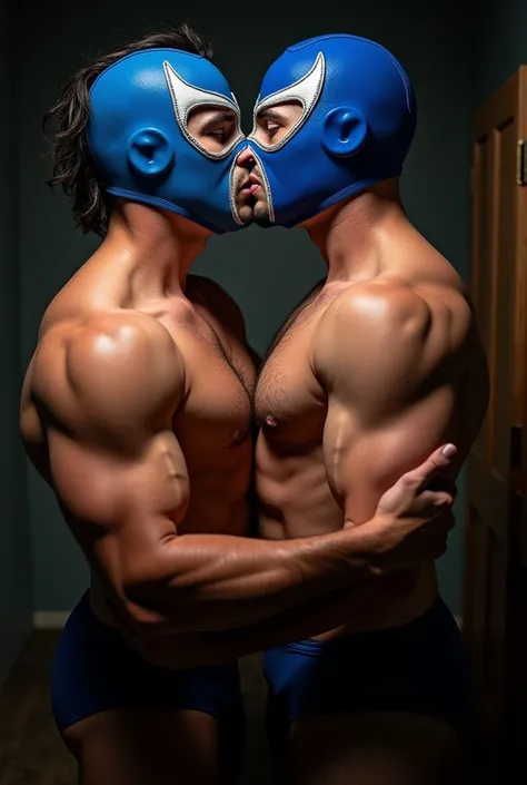 A luchador latino naked with a blue mask in love with a random man. They both are gay. They kiss each other. +18