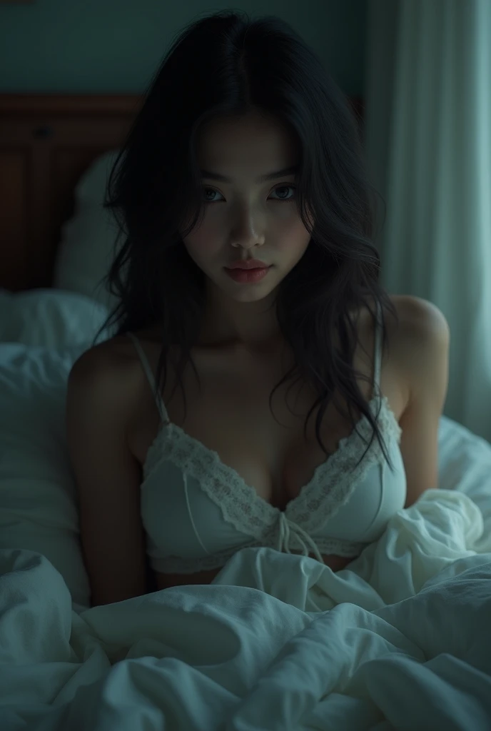 woman in bedroom, dark hair