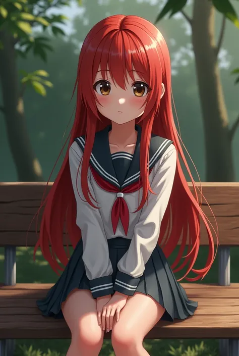 A girl with long, straight red hair,bright black eyes,school uniform,sitting on a bench ,2k ,real