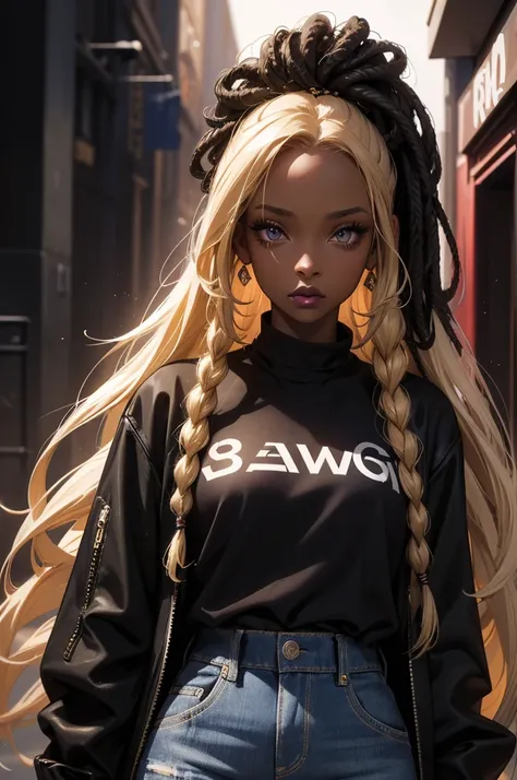 a beautiful black woman with dreadlocks, blonde hair, wearing a black jacket and jeans, with dark lipstick and light makeup, dynamic pose, hyperrealistic, 8k, award-winning digital art, cinematic lighting, moody atmosphere, colorful, vibrant