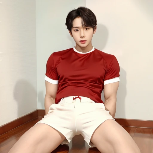 Korean handsome male idol,, penis,Red&White Soccer Club,White cropped short sleeve T-shirt, A handsome man, pretty legs,Adonis,penis보이는, stockings,Became a toy, seductive posture, thin arms,a picturesque face, tight clothes,Undressing, White skin, Kneel do...