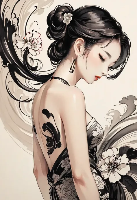 chinese traditional ink body art style, (use simple lines to outline a woman’s graceful figure），take a step back, undulating lin...