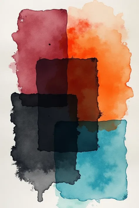 Create a color palette image with black watercolor blocks, maroon, orange and caribbean blue on top of a sheet of paper