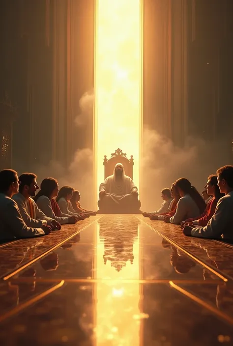 several people sitting at a large and infinite table, and God sitting on his throne, a light coming out of his face, realistic image, high quality