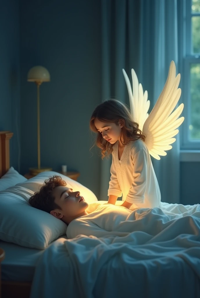 "A serene image of a guardian angel watching over a sleeping adult. The angel is depicted with gentle, flowing wings, standing beside the bed where the adult rests peacefully. The angel has a calm, loving expression, with a soft glow surrounding them, illu...