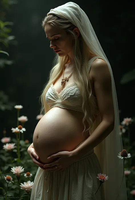 pregnant Woman with reproductive organ , ref flower right and left both side , black background ,log dress . 