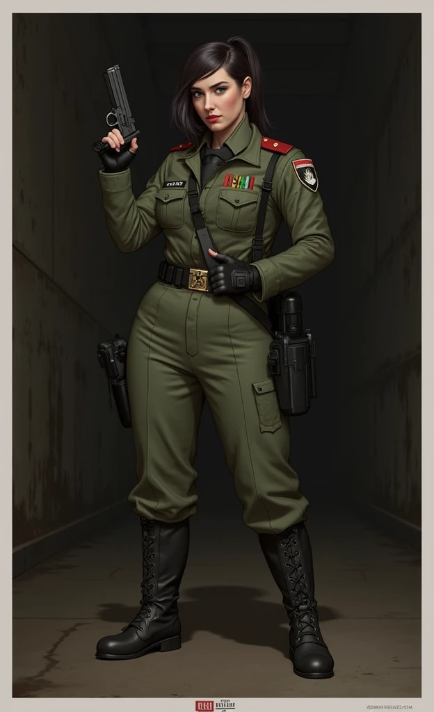 Black haired woman holding a pistol wearing a military uniform