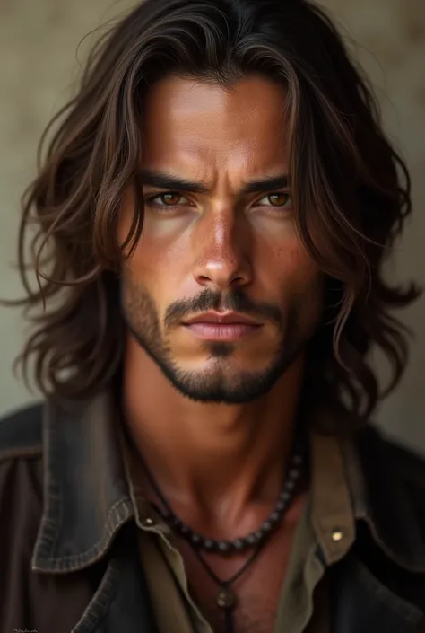 "Young man with long brown hair, piercing brown eyes, defined jaw and striking features in the old west style."(without a hat and without a beard)
