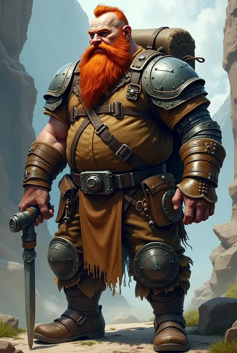 Red-haired RPG dwarf with gray highlights, he carries a large backpack and wears light leather armor, has a medium beard, his right arm is made of wood and metal

