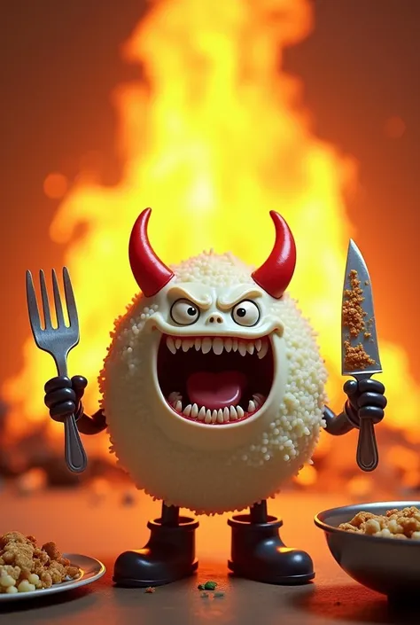 A white, round cartoon character shaped like a plate of rice. It has a fierce expression with a wide open mouth, revealing sharp teeth. It wears red evil horns and is holding a large fork in its left hand and a knife covered in food stains in its right han...