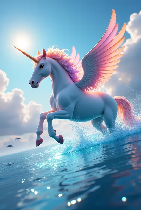 Unicorn pegasus with a mane of many colors in 3D and lots of light, with dolphins and that they are between sky and sea and clouds
