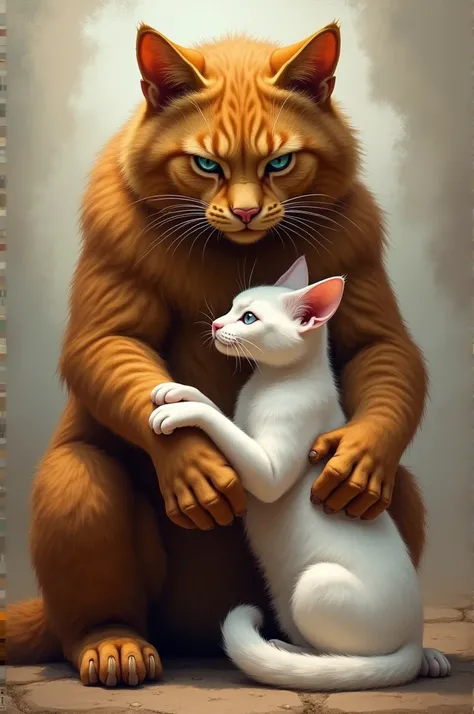 Create a tall, muscular brown cat holding hands with a small white cat 